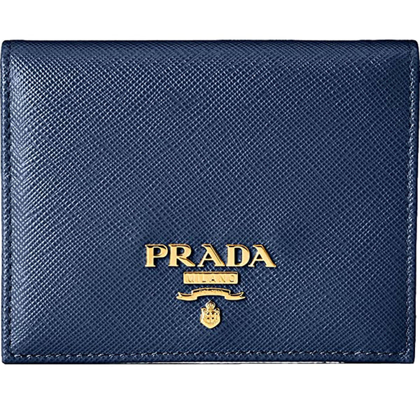 Prada Saffiano Baltico Blue Leather Gold Logo Bifold Snap Wallet in Baltico Blue, authentic new wallet, image 1