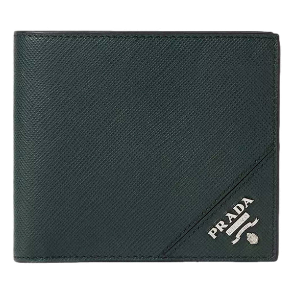 Prada Saffiano Leather Dark Green Bifold Wallet Metal Logo in Dark Green, authentic new wallet, image 1