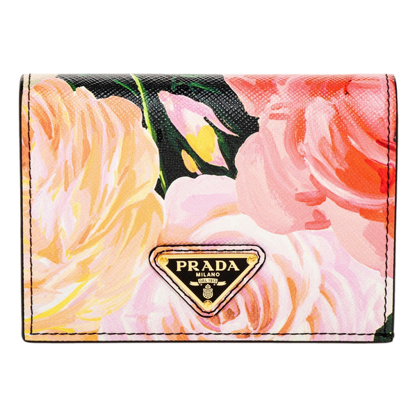 Prada Saffiano Black Floral Printed Snap Bifold Coin Zipper Wallet in Black With Floral Print, authentic new wallet, image 1