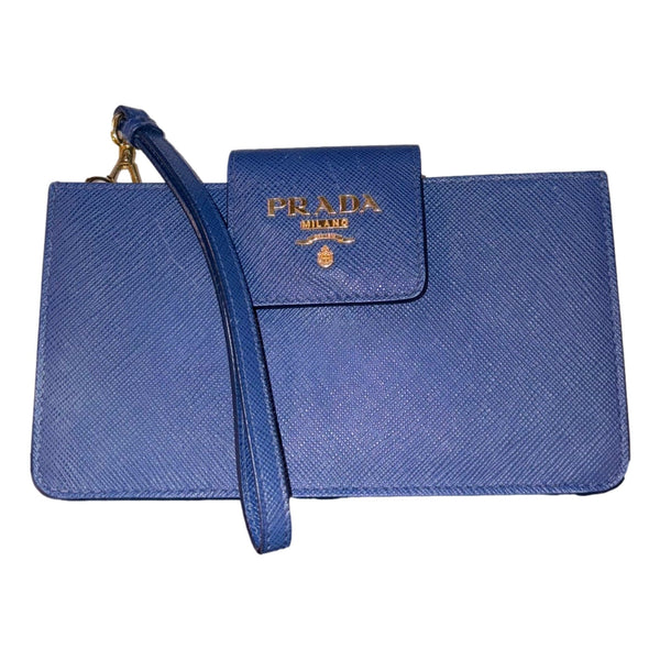 Prada Saffiano Leather Blue Wristlet Clutch Wallet in Blue, authentic pre-loved wallet, image 1
