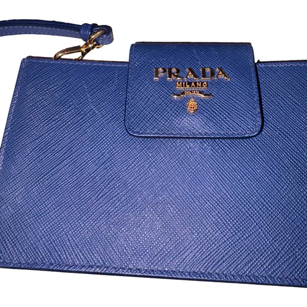 Prada Saffiano Leather Blue Wristlet Clutch Wallet in Blue, authentic pre-loved wallet, image 2