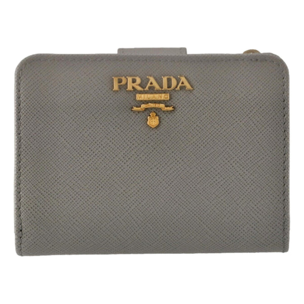 Prada Vitello Grain Argilla Grey Leather Small Wallet with Zipper Gold Plaque Logo – hardware detail