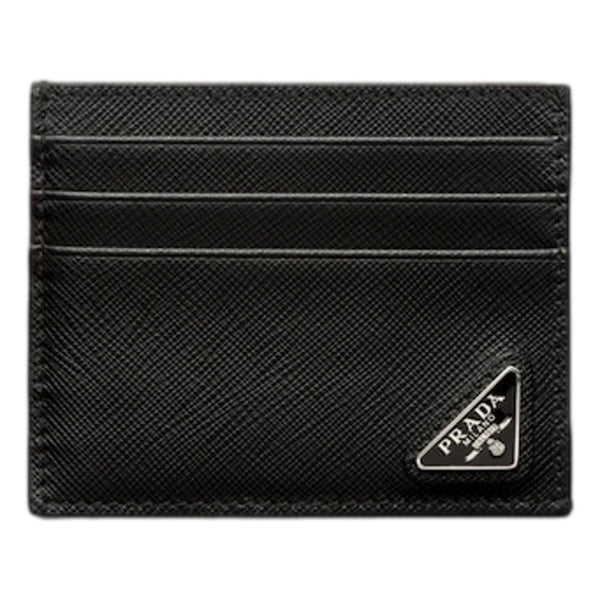 Prada Saffiano Mens Credit Card Wallet Black Nero Silver Triangle Enamel Logo in Black, authentic new wallet, image 1