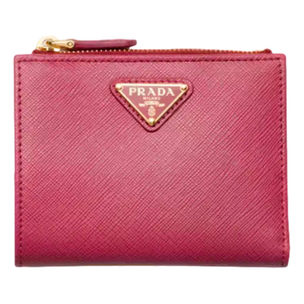 Prada Saffiano Dark Pink Gold Snap Bifold Zip Coin Pocket Wallet in Dark Pink, authentic new wallet, image 1