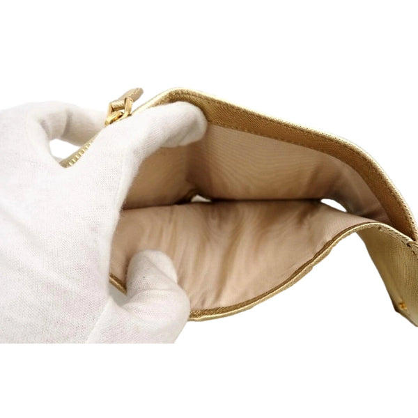 Prada Saffiano Platino Gold Trifold Wallet Card Case with Zipper Coin Pouch in Platino Gold, authentic new wallet, image 7