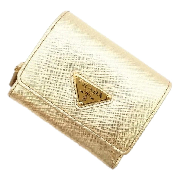 Prada Saffiano Platino Gold Trifold Wallet Card Case with Zipper Coin Pouch in Platino Gold, authentic new wallet, image 1