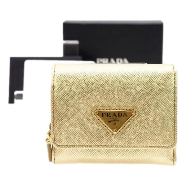 Prada Saffiano Platino Gold Trifold Wallet Card Case with Zipper Coin Pouch in Platino Gold, authentic new wallet, image 9