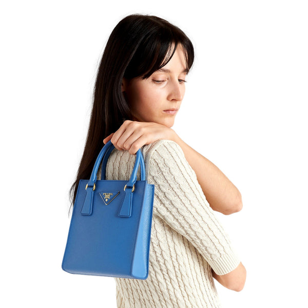 Prada Saffiano Leather Top Handle Mini Shopper Crossbody Bag in Blue in Blue, authentic new handbag, image 7