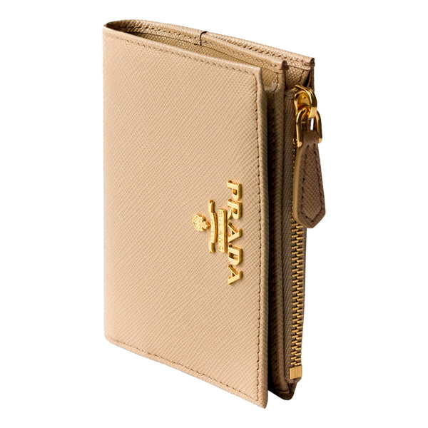 Prada Saffiano Beige Brown Multicolor Snap Bifold Zip Coin Pocket Wallet – hardware detail 2