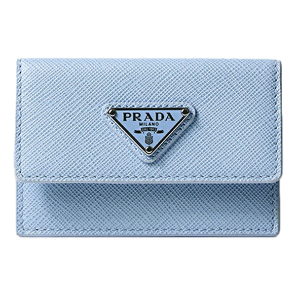 Prada Saffiano Celeste Blue Leather Small Snap Card Holder Wallet Triangle Logo – included accessories