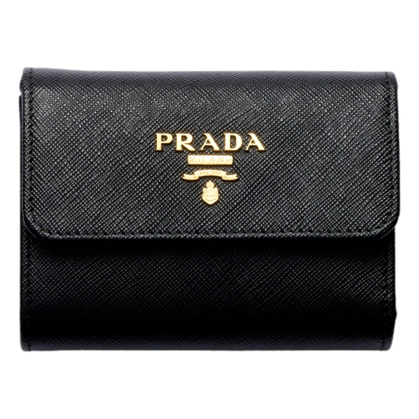 Prada Saffiano Leather Black Hibiscus Multicolor Trifold Coin Zipper Card Snap Wallet – front view