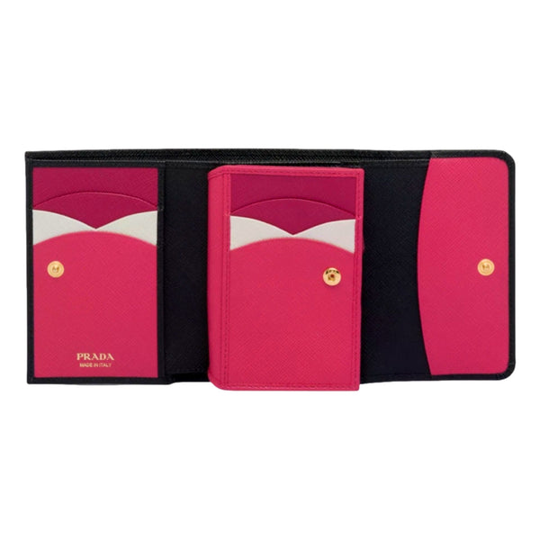 Prada Saffiano Leather Black Hibiscus Multicolor Trifold Coin Zipper Card Snap Wallet – interior view