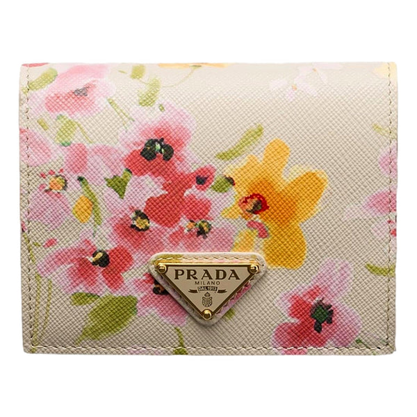 Prada Saffiano Leather Floral Bifold Wallet In Neutral in Neutral, authentic new wallet, image 1