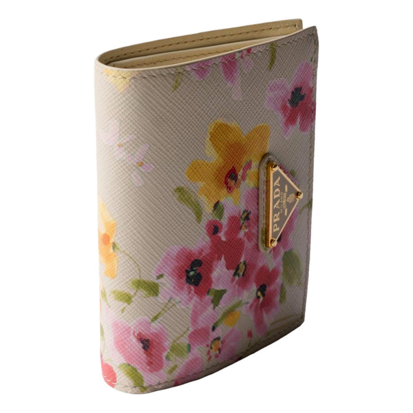 Prada Saffiano Leather Floral Bifold Wallet In Neutral in Neutral, authentic new wallet, image 2