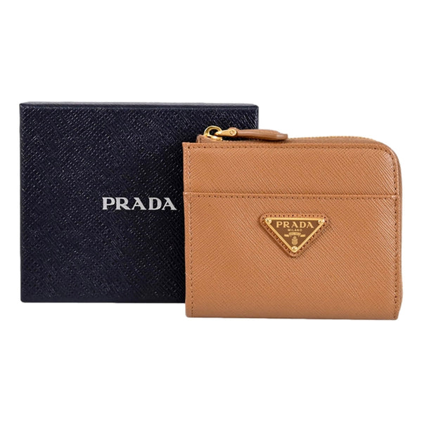 Prada Saffiano Caramel Brown Triangle Logo Zipper Card Holder Wallet in Caramel Brown, authentic new wallet, image 6