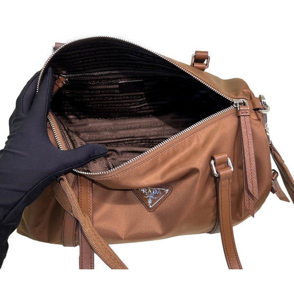 Prada Small Re-Nylon and Saffiano Leather Duffel Bag Brown in Brown, authentic new handbag, image 3