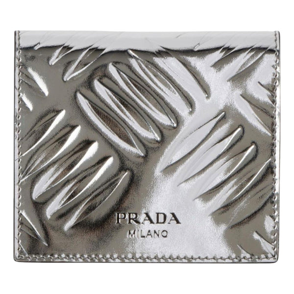 Prada Spazzolato Foldover Card Wallet Metallic Silver Embossed Leather in Metallic Silver, authentic new wallet, image 1