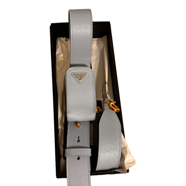 Prada Saffiano Leather Strap with Mini Pouch Celeste Blue Gold Hardware in Celeste Blue, authentic new accessory, image 6