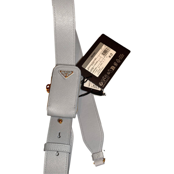 Prada Saffiano Leather Strap with Mini Pouch Celeste Blue Gold Hardware in Celeste Blue, authentic new accessory, image 1