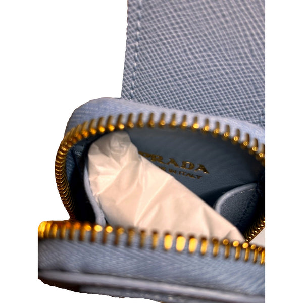 Prada Saffiano Leather Strap with Mini Pouch Celeste Blue Gold Hardware in Celeste Blue, authentic new accessory, image 4