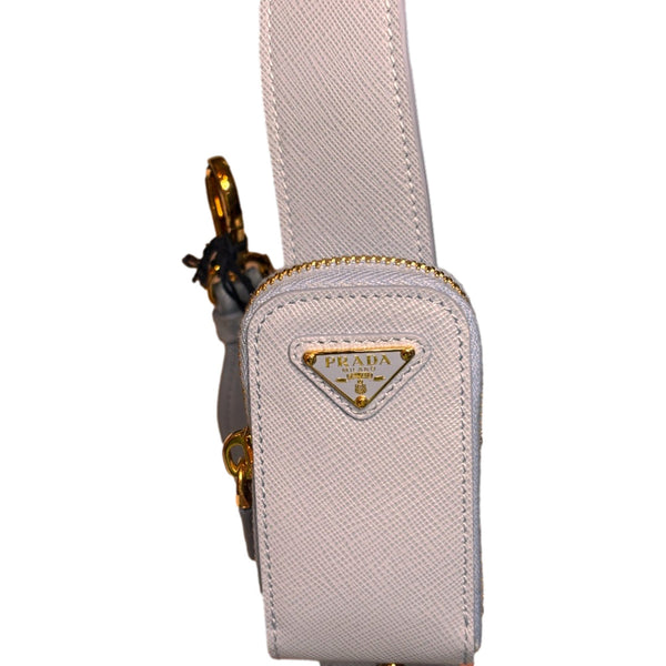 Prada Saffiano Leather Strap with Mini Pouch Celeste Blue Gold Hardware in Celeste Blue, authentic new accessory, image 3