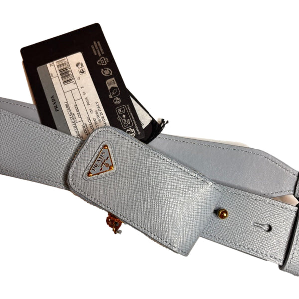 Prada Saffiano Leather Strap with Mini Pouch Celeste Blue Gold Hardware in Celeste Blue, authentic new accessory, image 2
