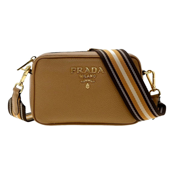 Prada Tan Caramel Pebbled Leather Crossbody Bag Web Stripe Strap Gold Hardware in Caramel Tan, authentic new handbag, image 2