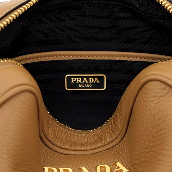 Prada Tan Caramel Pebbled Leather Crossbody Bag Web Stripe Strap Gold Hardware in Caramel Tan, authentic new handbag, image 6