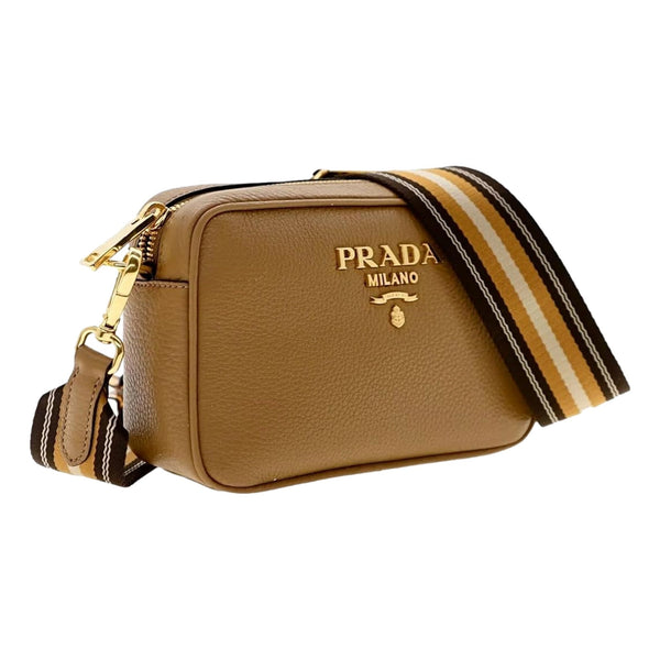 Prada Tan Caramel Pebbled Leather Crossbody Bag Web Stripe Strap Gold Hardware in Caramel Tan, authentic new handbag, image 1