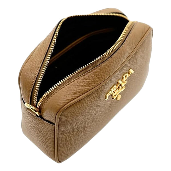 Prada Tan Caramel Pebbled Leather Crossbody Bag Web Stripe Strap Gold Hardware in Caramel Tan, authentic new handbag, image 5