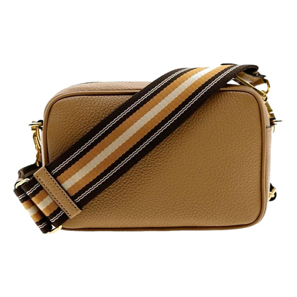 Prada Tan Caramel Pebbled Leather Crossbody Bag Web Stripe Strap Gold Hardware in Caramel Tan, authentic new handbag, image 3
