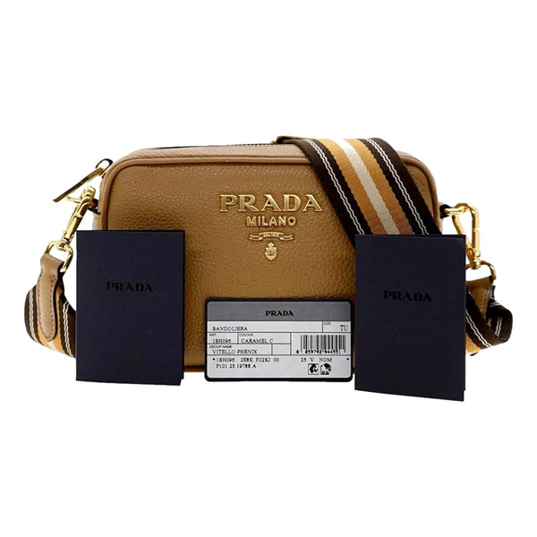 Prada Tan Caramel Pebbled Leather Crossbody Bag Web Stripe Strap Gold Hardware in Caramel Tan, authentic new handbag, image 4