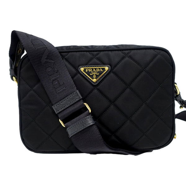 Prada Tessuto Black Quilted Nylon Triangle Logo Camera Crossbody Bag in Black, authentic new handbag, image 1