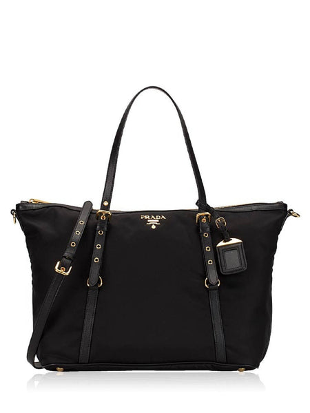 Prada Tessuto Nylon Saffiano Leather Black Top Zip Tote Bag in Black, authentic new handbag, image 1