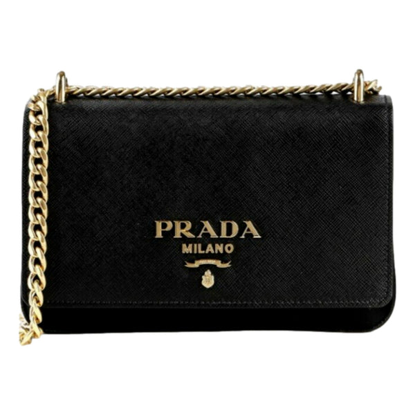 Prada Tessuto and Saffiano Leather Black Crossbody Bag with Gold Chain Strap in Black, authentic new handbag, image 6