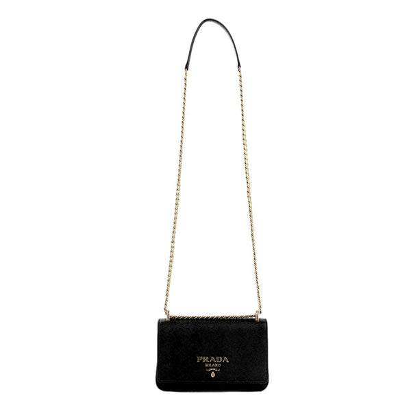 Prada Tessuto and Saffiano Leather Black Crossbody Bag with Gold Chain Strap in Black, authentic new handbag, image 3