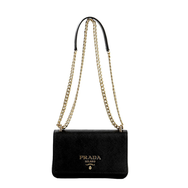 Prada Tessuto and Saffiano Leather Black Crossbody Bag with Gold Chain Strap in Black, authentic new handbag, image 1