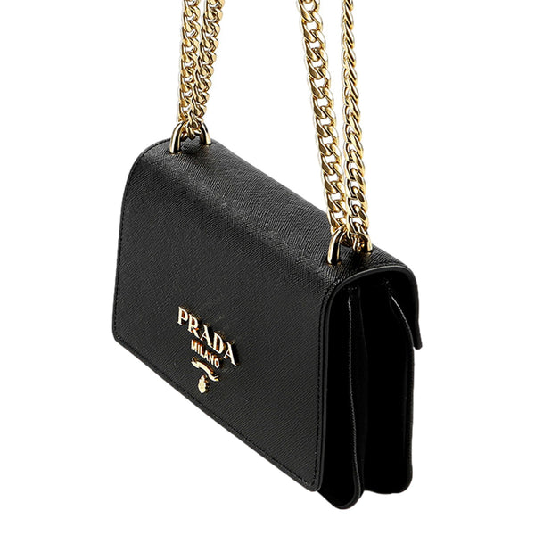 Prada Tessuto and Saffiano Leather Black Crossbody Bag with Gold Chain Strap in Black, authentic new handbag, image 2