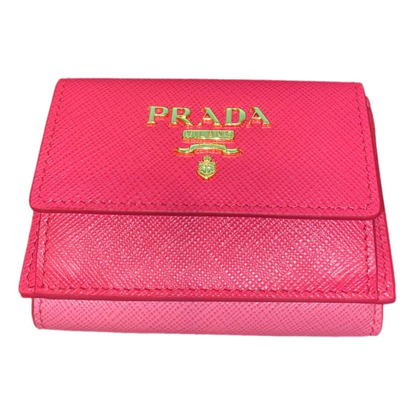 Prada Saffiano Leather Pink Multicolor Trifold Wallet with Enameled Metal in Pink Multicolor, authentic new wallet, image 1