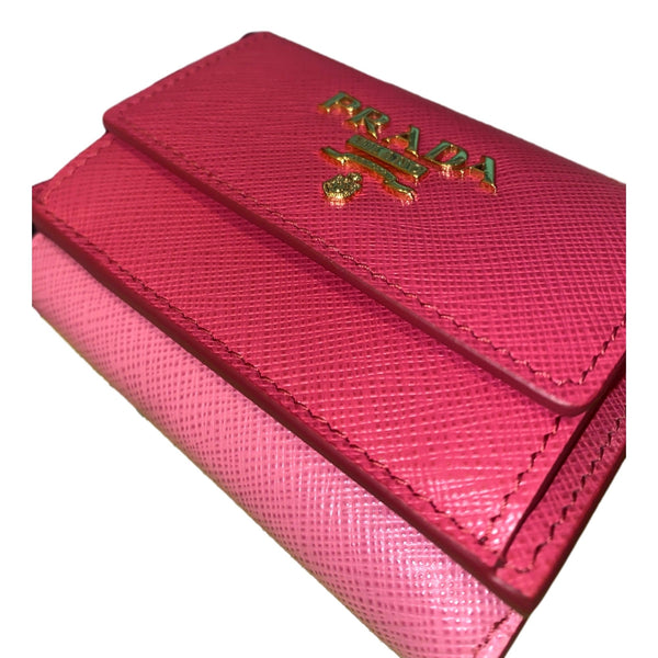 Prada Saffiano Leather Pink Multicolor Trifold Wallet with Enameled Metal in Pink Multicolor, authentic new wallet, image 2
