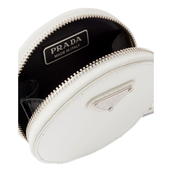 Prada Triangle Plaque Smooth White Leather Round Mini Pouch Keychain in White, authentic new keychain, image 2