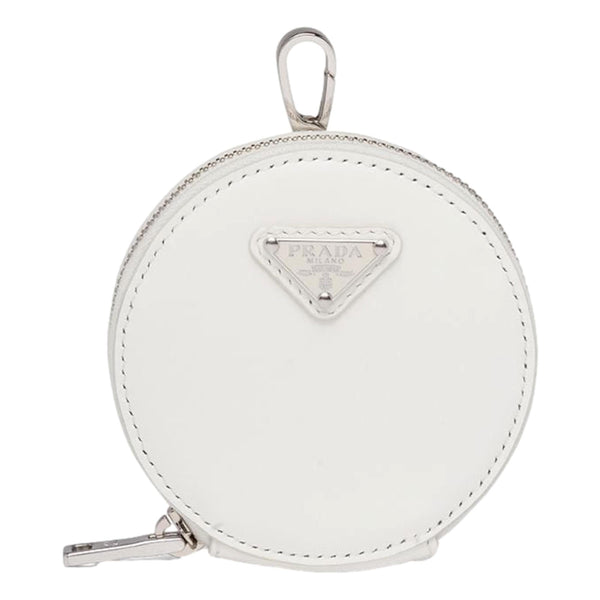 Prada Triangle Plaque Smooth White Leather Round Mini Pouch Keychain in White, authentic new keychain, image 1