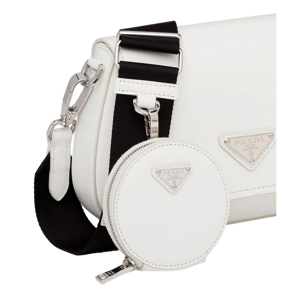 Prada Triangle Plaque Smooth White Leather Round Mini Pouch Keychain in White, authentic new keychain, image 4