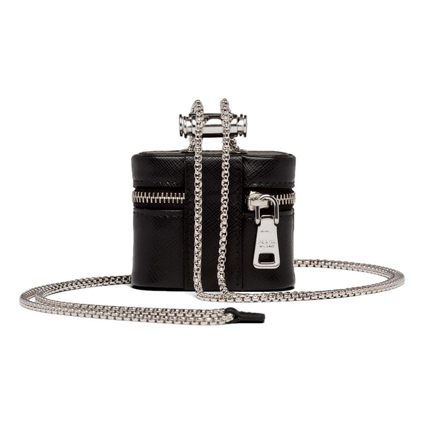 Prada Triangle Saffiano Black Leather Mini Airpods Case with Chain in Black, authentic new keychain, image 3