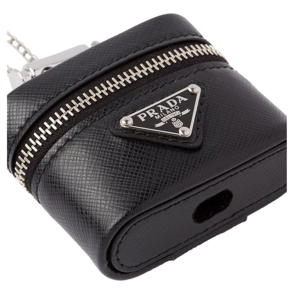 Prada Triangle Saffiano Black Leather Mini Airpods Case with Chain in Black, authentic new keychain, image 2