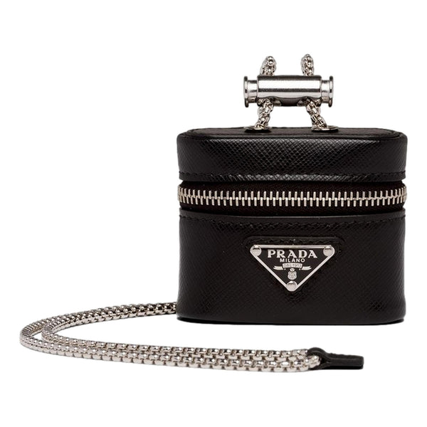 Prada Triangle Saffiano Black Leather Mini Airpods Case with Chain in Black, authentic new keychain, image 1