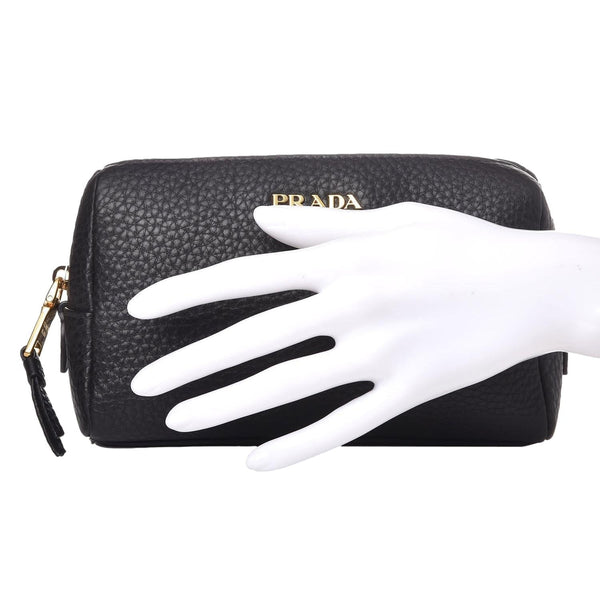 Prada Vitello Daino Black Leather Cosmetic Pouch in Black, authentic new handbag, image 6