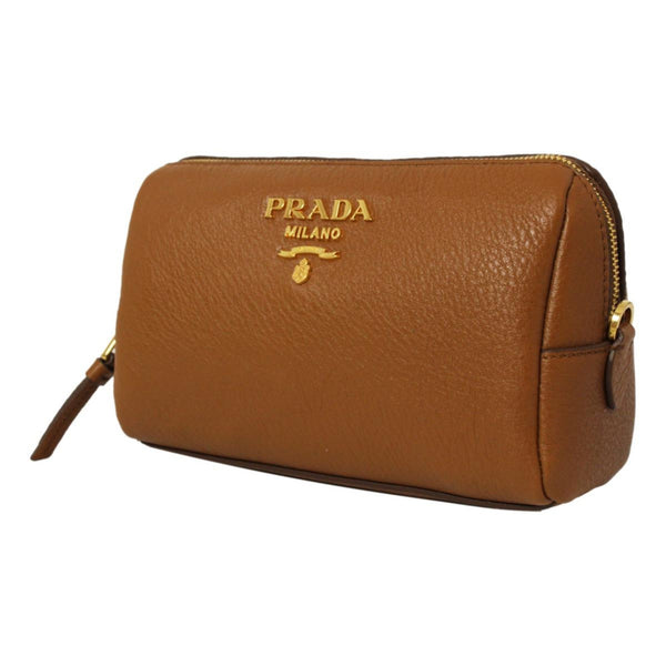 Prada Brown Leather Cosmetic Pouch Clutch Bag Vitello Daino in Cannella Brown, authentic new handbag, image 2