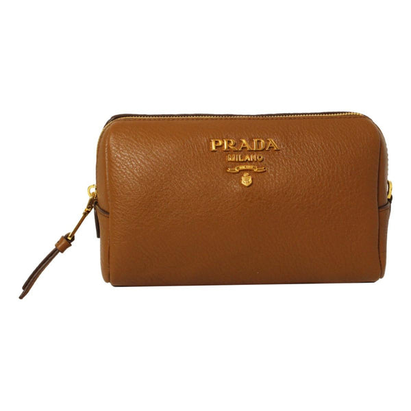 Prada Brown Leather Cosmetic Pouch Clutch Bag Vitello Daino in Cannella Brown, authentic new handbag, image 1