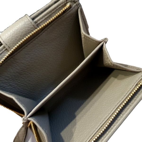 Prada Vitello Grain Argilla Grey Leather Small Wallet with Zipper Gold Plaque Logo – hardware detail 6